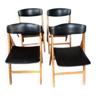 4 chaises pliantes Skaï noir, vers 1960, style scandinave, très bon état