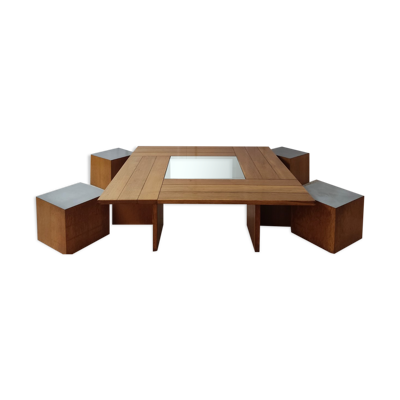 Table basse Tecno en bois + 4 tabourets