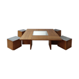 Large wooden Tecno coffee table and 4 stools