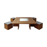 Large wooden Tecno coffee table and 4 stools