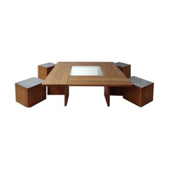 Large wooden Tecno coffee table and 4 stools
