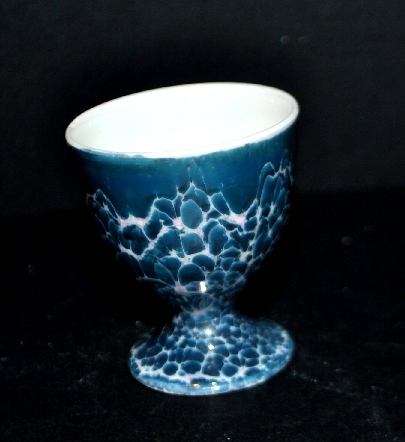 Vintage egg cup in iridescent blue metallic porcelain