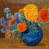 Tableau peinture Attilio Guffanti, bouquets de fleurs sur une table  huile sur toile
