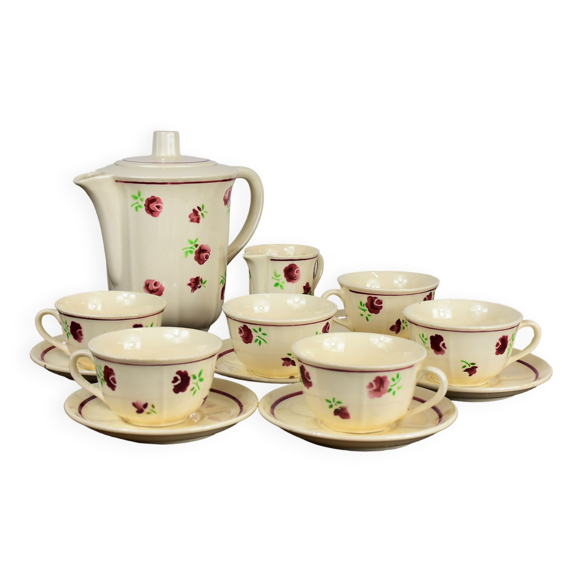 Set of 6 coffee cups his coffee teapot and milk teapot.