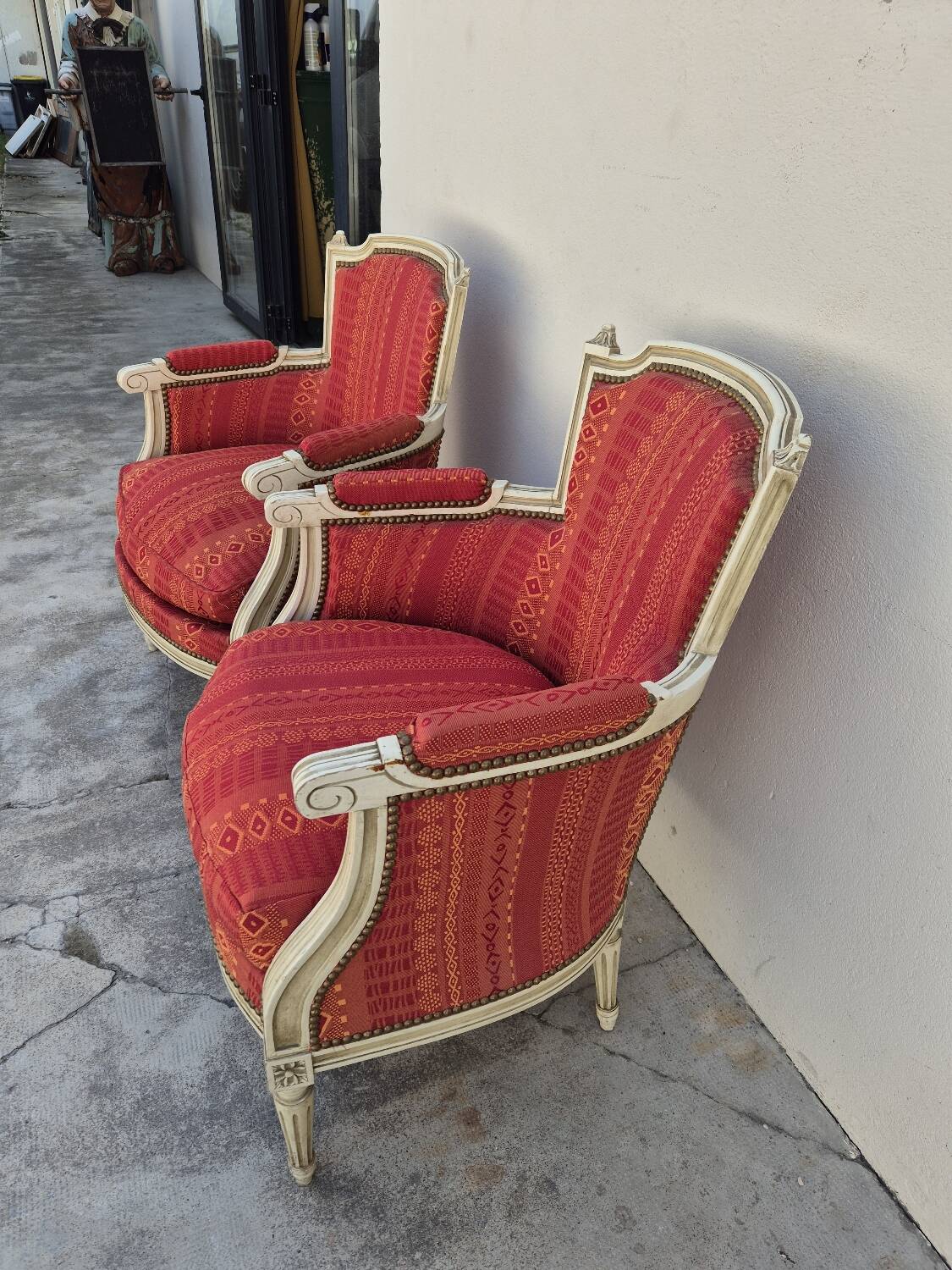 Pair of Louis XVI style bergère armchairs, antique.