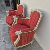 Pair of Louis XVI style bergère armchairs, antique.