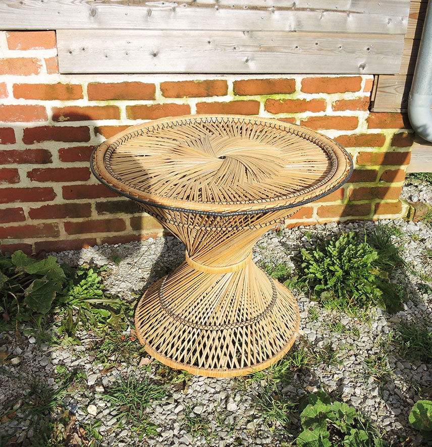 Old wicker / rattan table and armchair