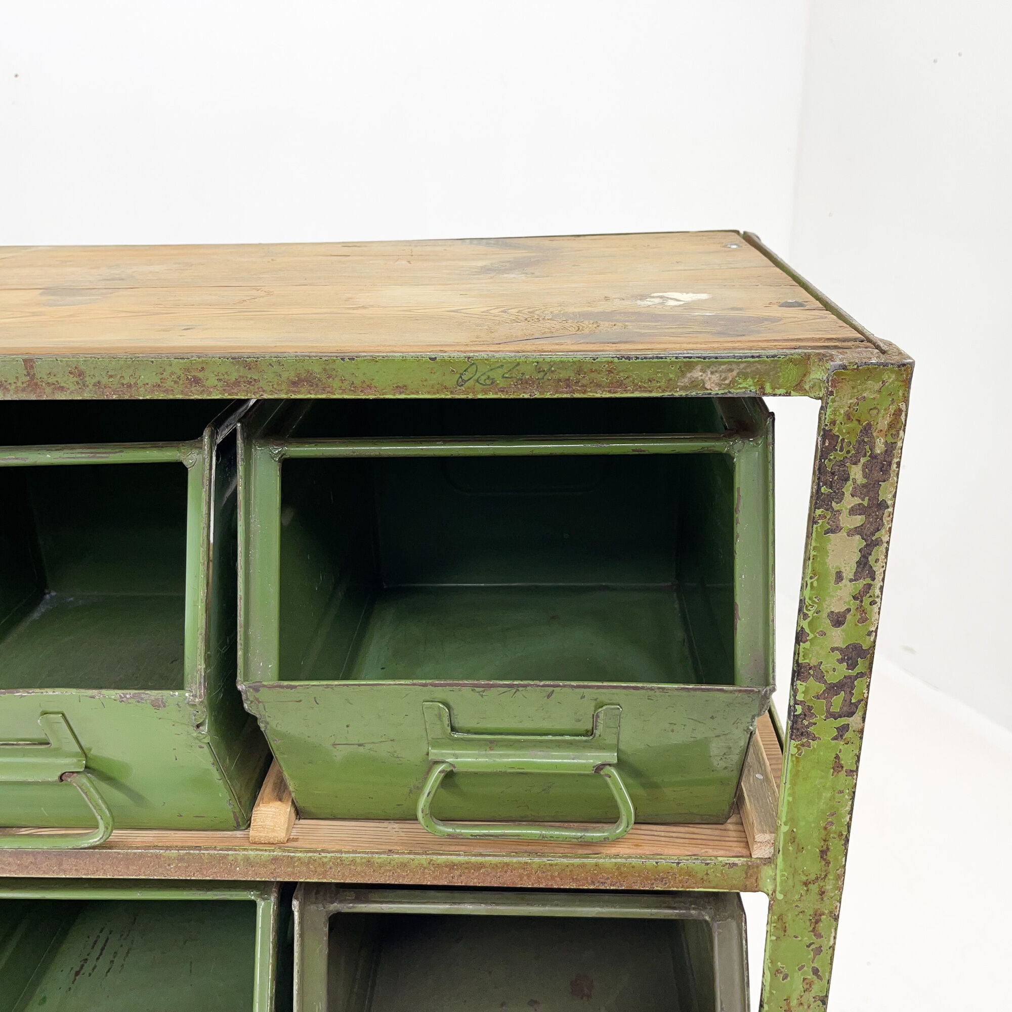 Vintage industrial cabinet, 20 iron drawers, wooden top, 1950's
