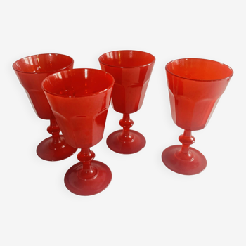 Set of 4 bright red Arcopal glass stemware, vintage.