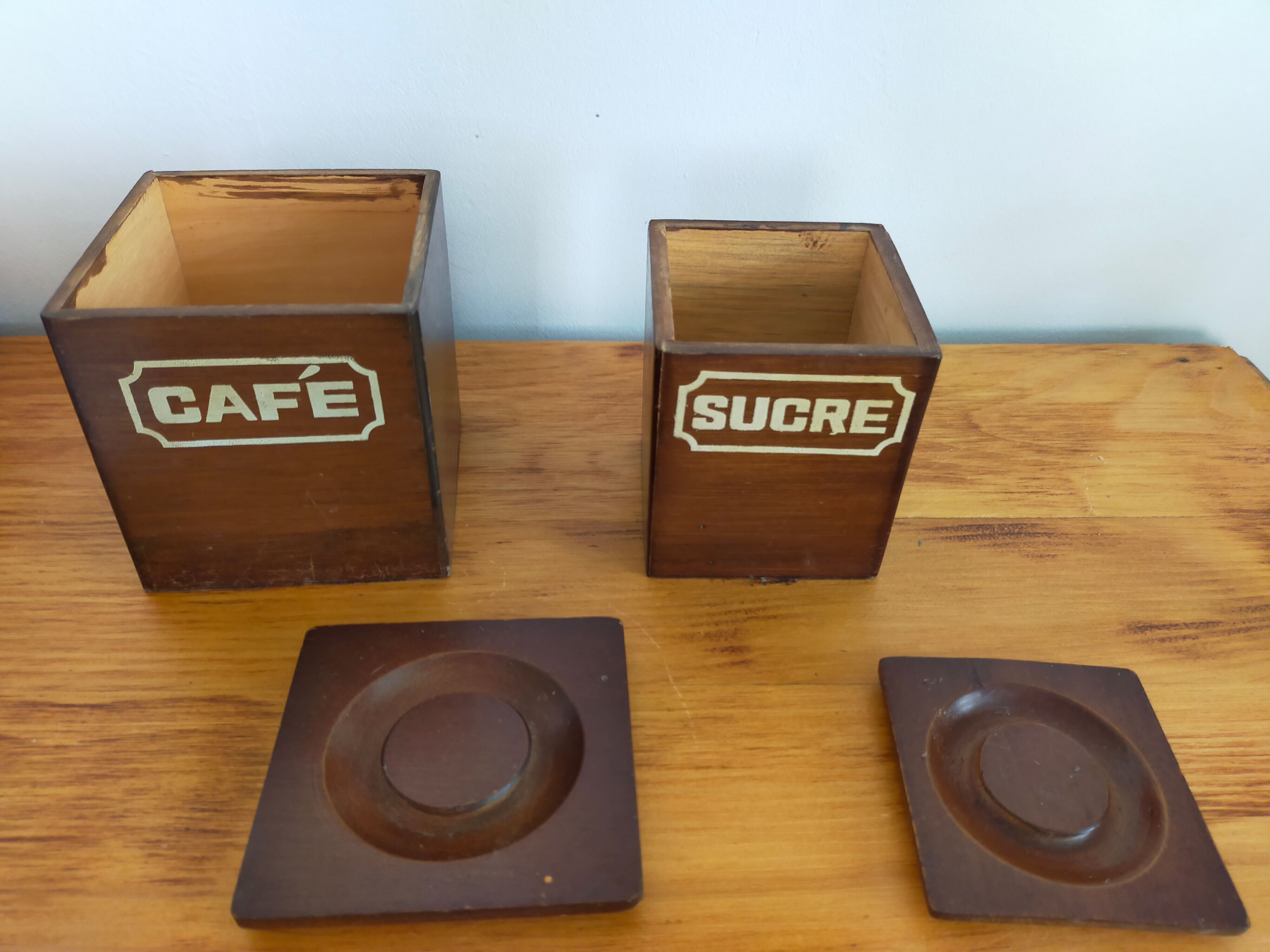 Vintage wooden spice boxes old coffee sugar