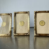 Set of 3 vintage identical gold colored metal picture frames convex glass