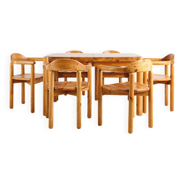 Brutalist table and 6 chairs, Rainer Daumiller, Denmark, 1970s.