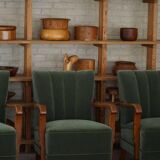 Danish Art Deco, set of 3 oak armchairs, reupholstered in green mohair, 1930s.