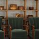 Danish Art Deco, set of 3 oak armchairs, reupholstered in green mohair, 1930s.