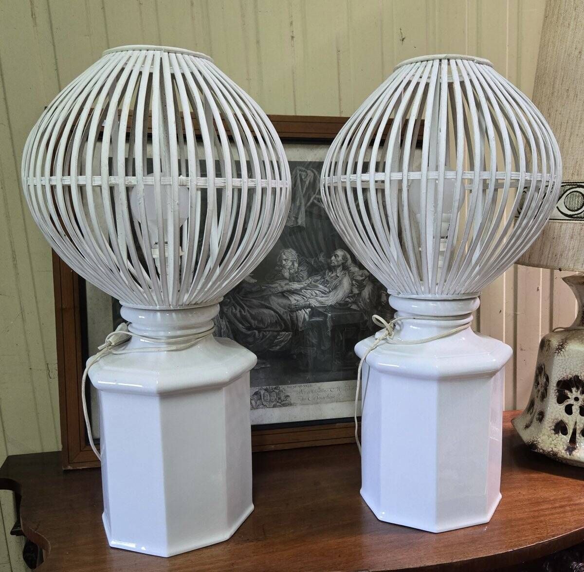 a pair of very large modernist lamps in painted ceramic and wood
