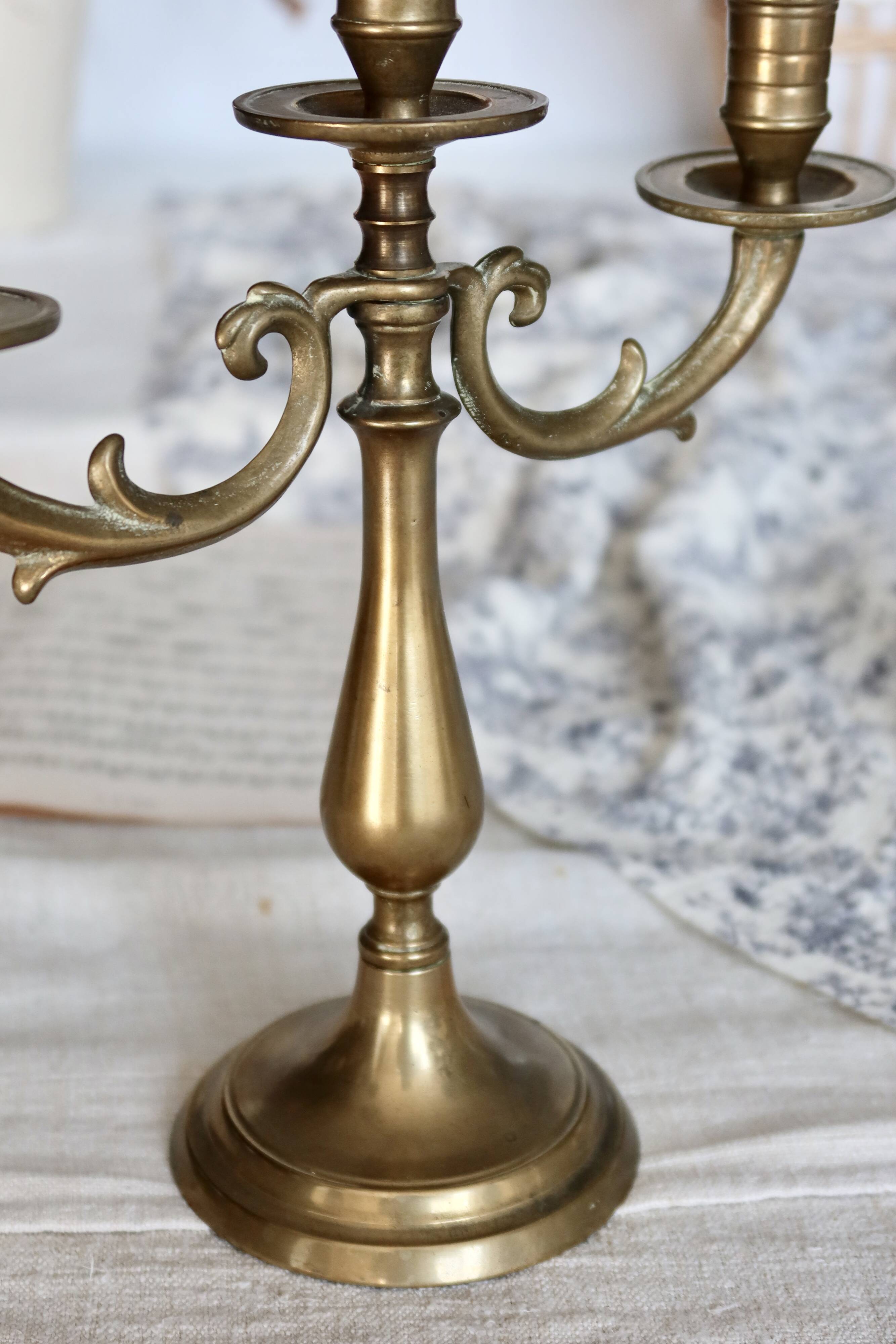 Antique 3-branch candelabra in patinated brass