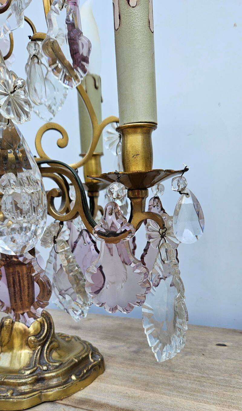 Pair of Gilt Bronze Candelabras with Colored Crystal Tassels