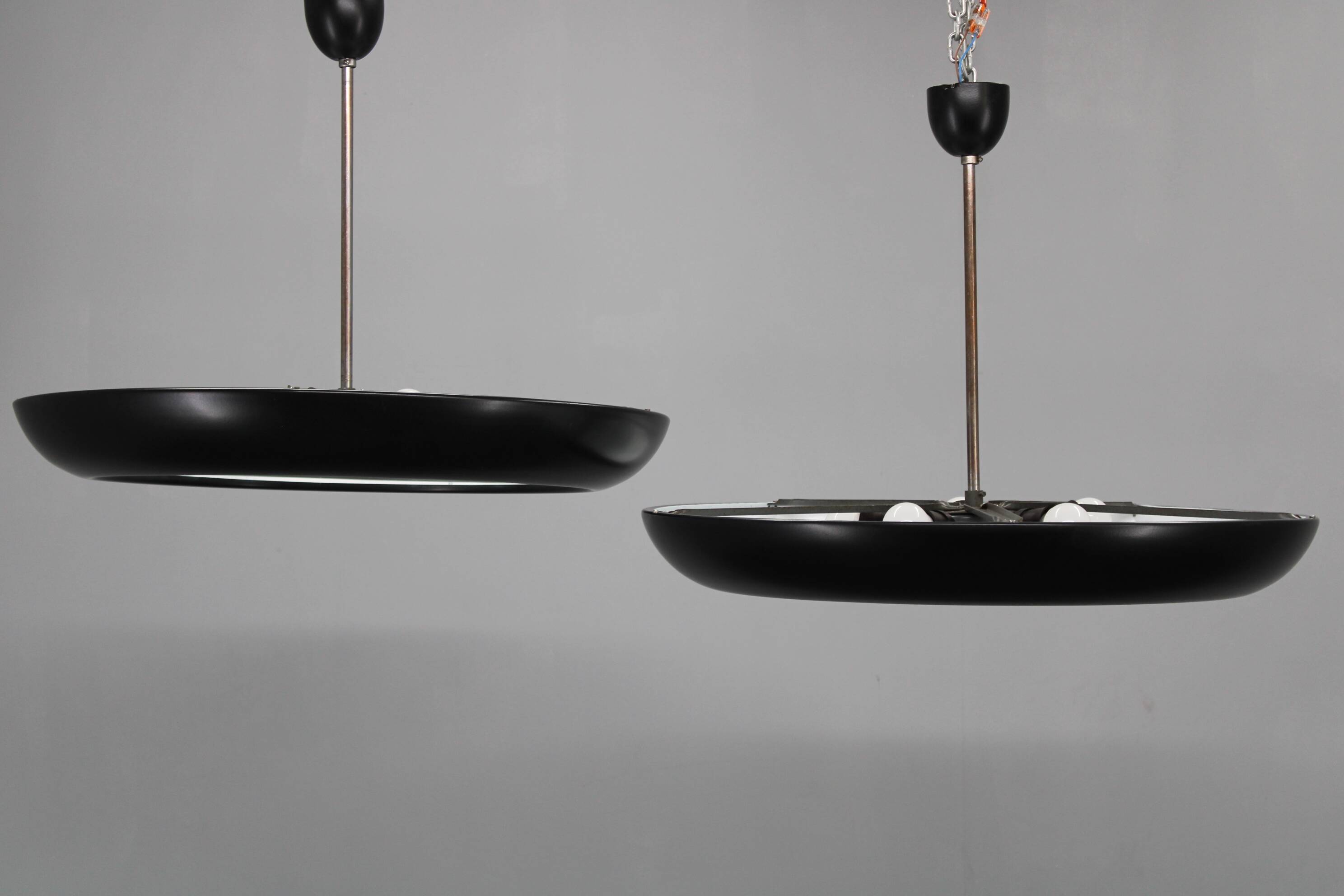 Pair of large Bauhaus "UFO" pendant lights by Josef Hurka for Napako, 1940s