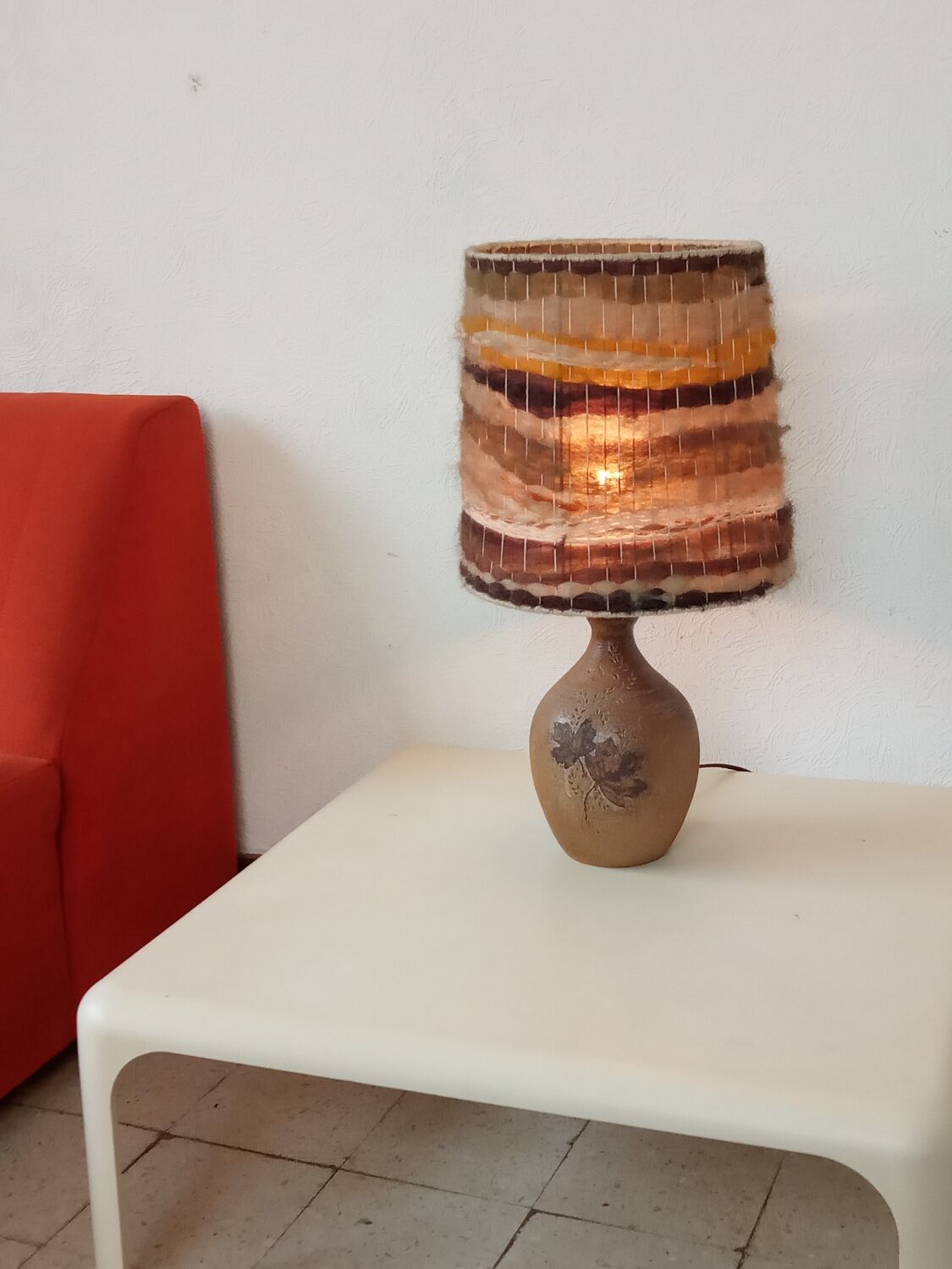 Sandstone lamp, wool lampshade, 50s/60s