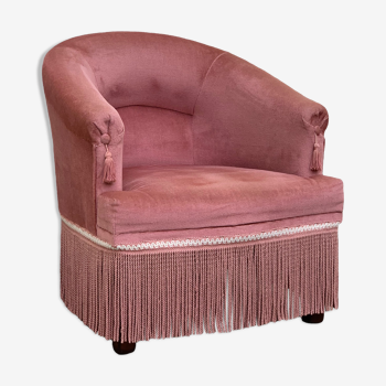 Fauteuil crapaud velours rose 1970