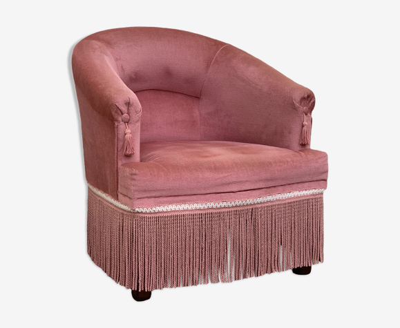 Fauteuil crapaud velours rose 1970