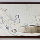 Watercolor drawing of figures in an amphitheater with a plaster model