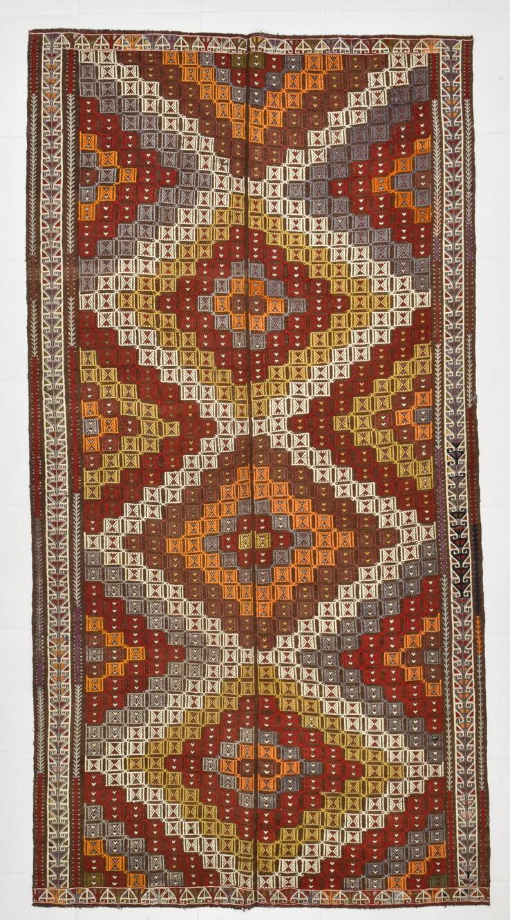 Deep Burgundy & Mustard Yellow Star Pattern Turkish Kilim Rug, 145x282 Cm