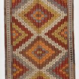 Deep Burgundy & Mustard Yellow Star Pattern Turkish Kilim Rug, 145x282 Cm