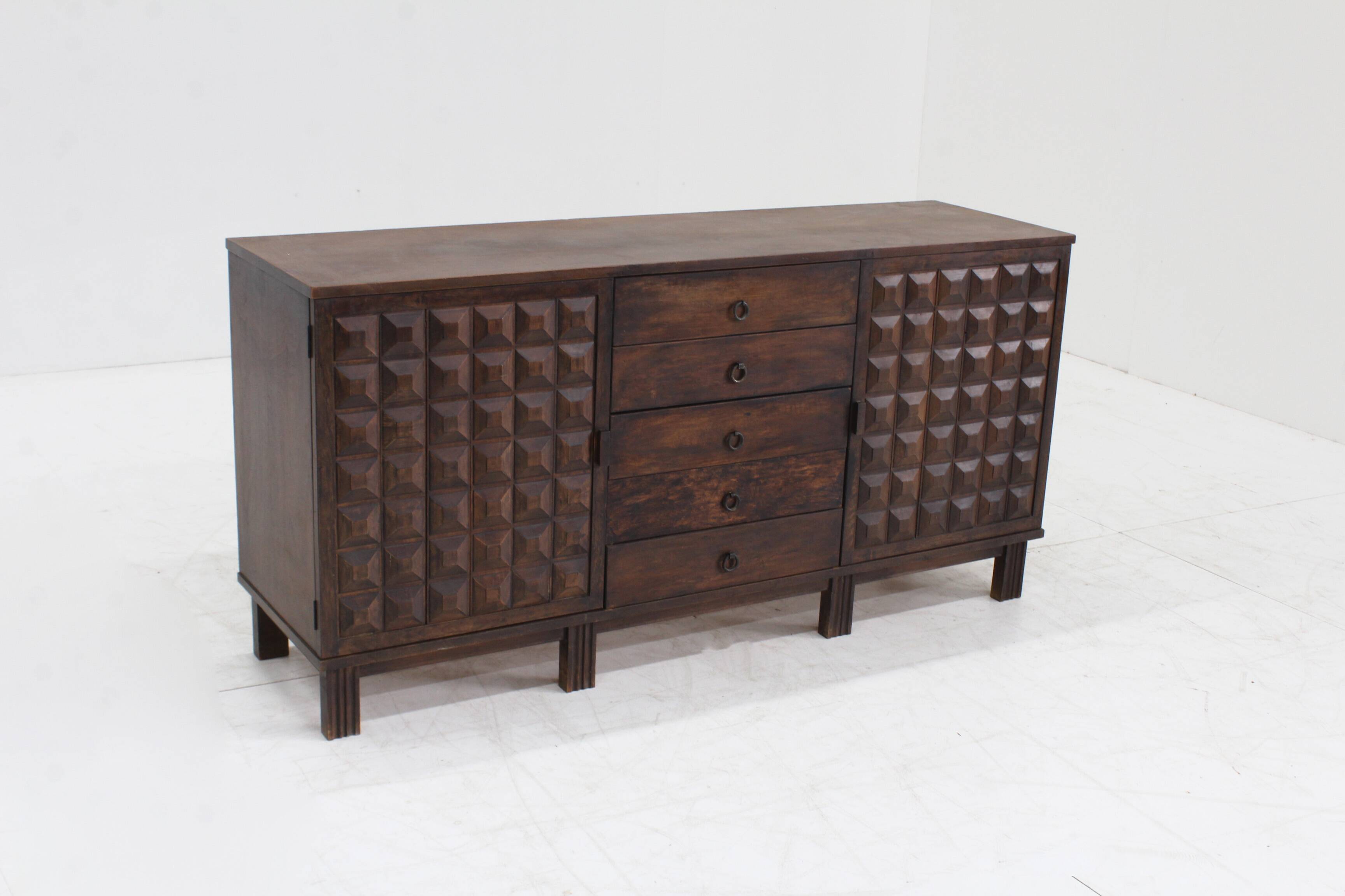 Brutalist Spanish carved sideboard credenza