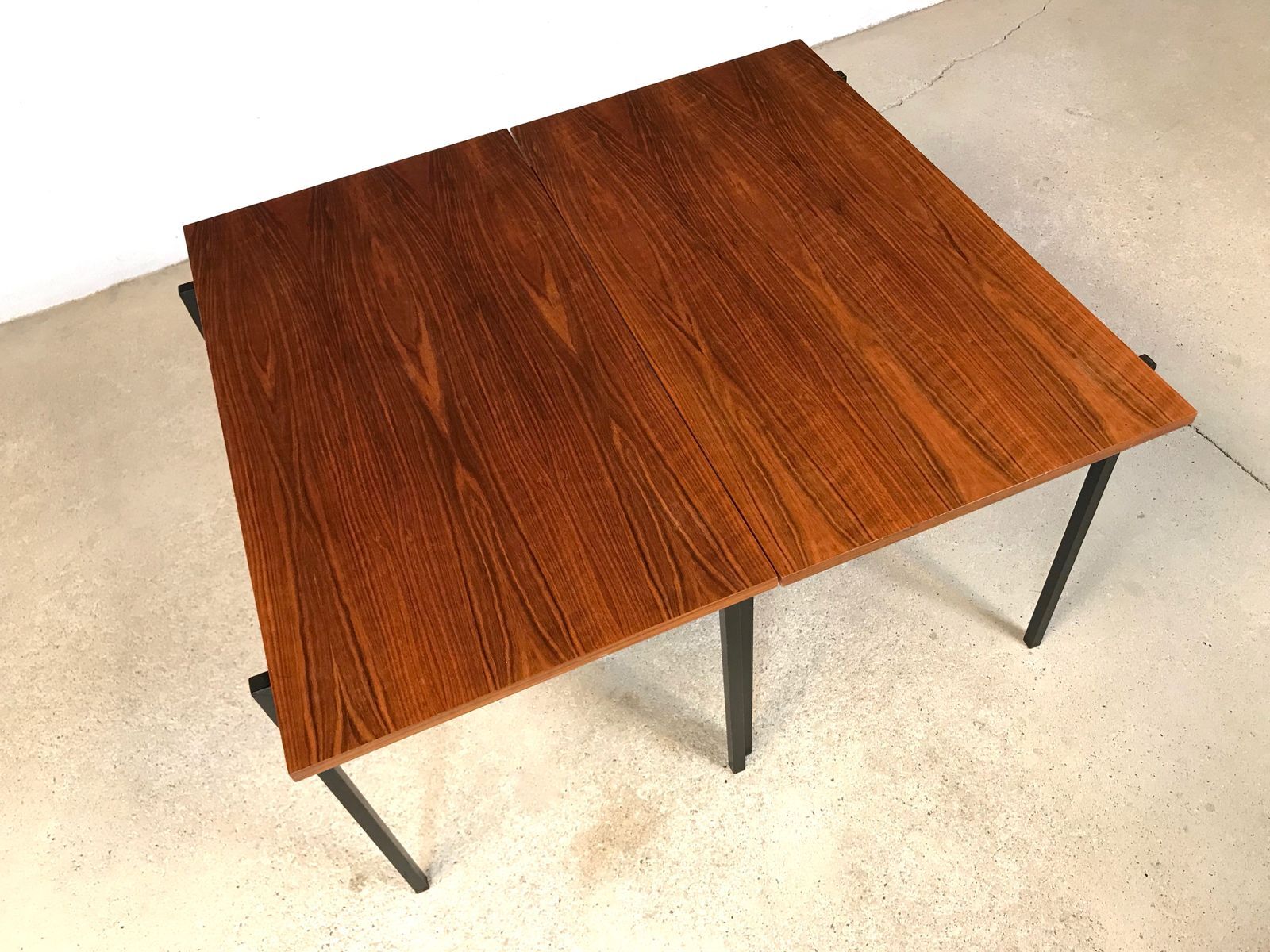 Minimalist walnut & steel stacking side tables, 1960s, Set of 2