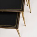 Neo-classical nesting tables in brass and leather - Belgium 1960's