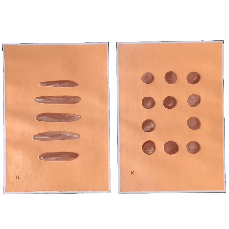 Set of two paintings, modern and minimalist art on paper, pastel peach color