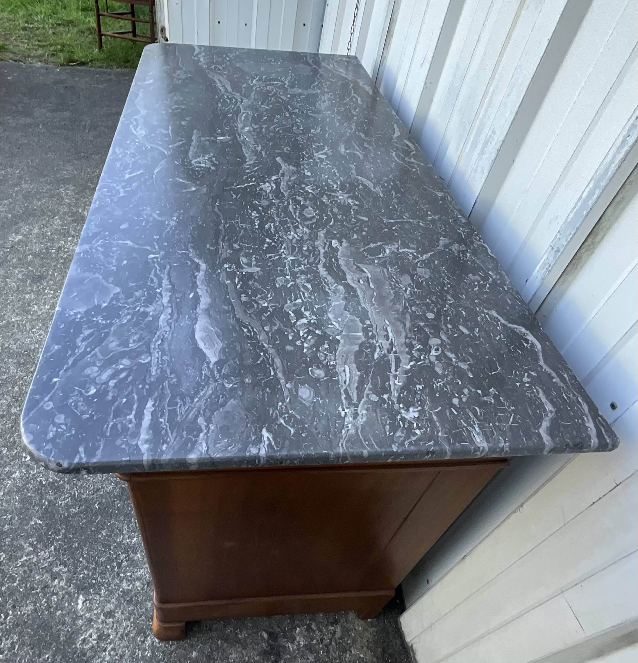 Louis-Philippe commode in burr walnut, Saint-Anne grey marble, mid-century