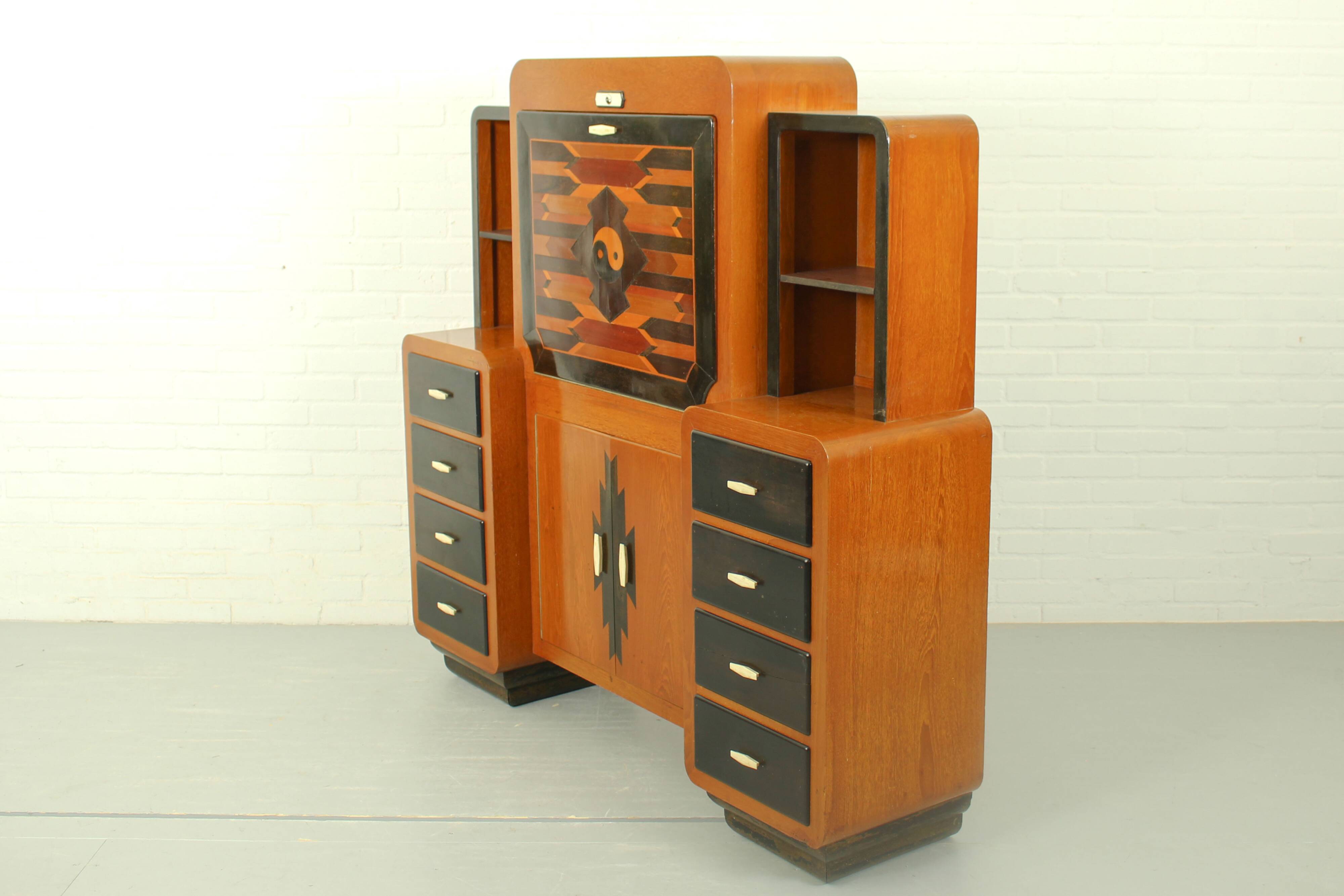 Solid high quality teak art deco secretaire by Gerson’s furniture store, produced in Bangkok, 1930s