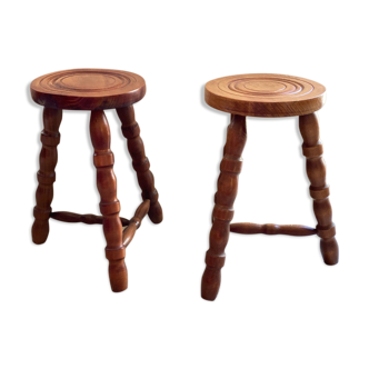 Lot of 2 oak-wood tripod stool.