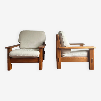 Pair of modernist elm armchairs in Maison Regain style