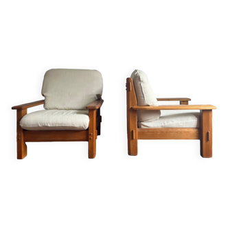 Pair of modernist elm armchairs in Maison Regain style