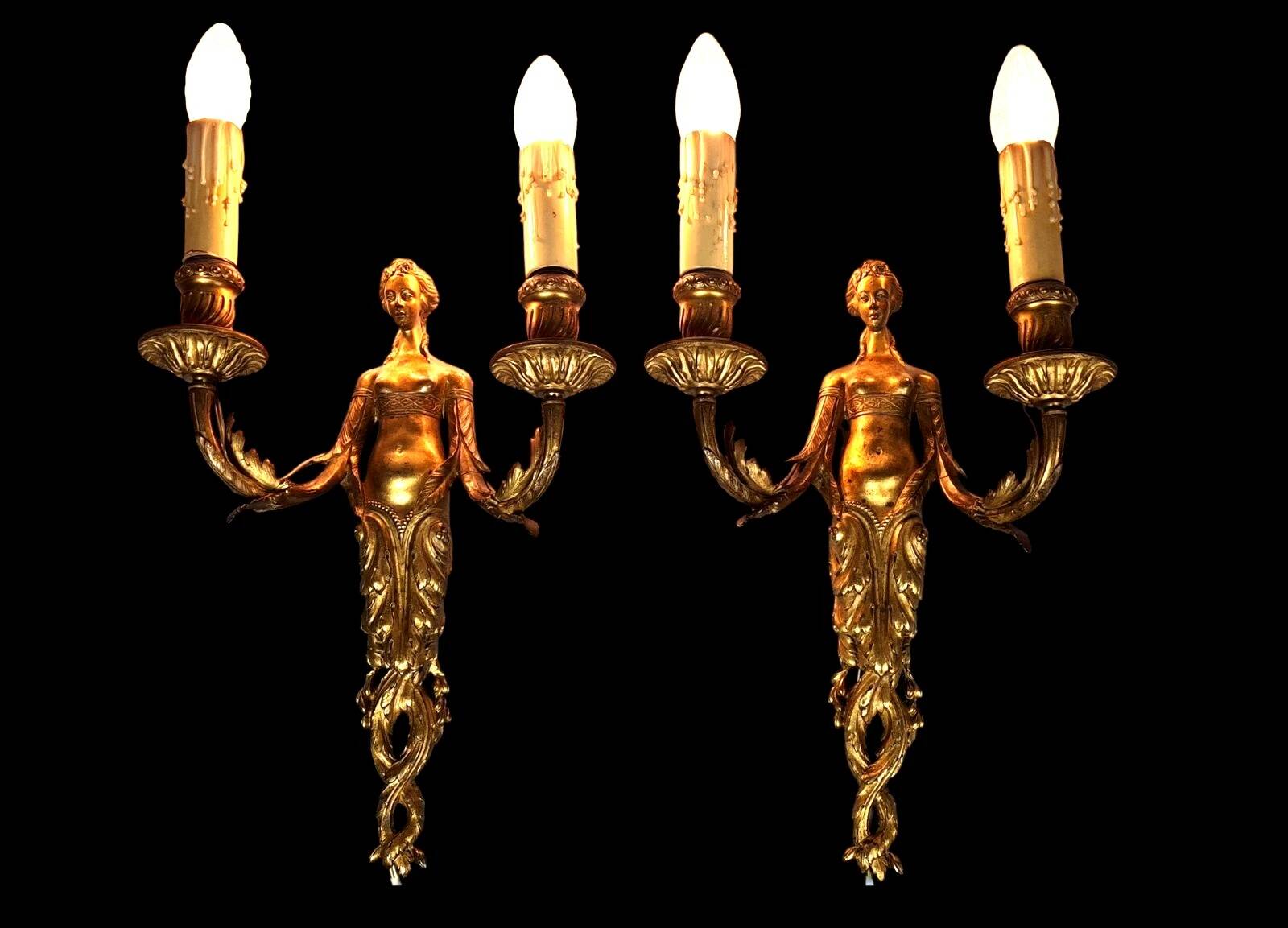 Paire anciennes appliques cariatides bronze doré, électrifiées 4 feux CS862