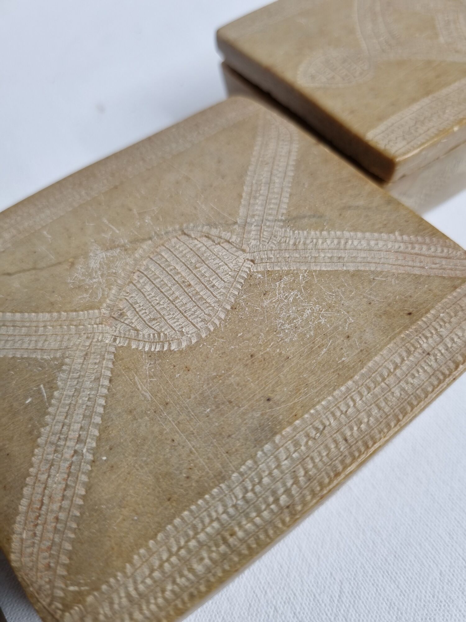 Set of three soft stone jewellery boxes decorated with traditional Tuareg motifs
