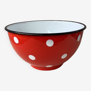 Red enameled sheet metal salad bowl with white polka dots