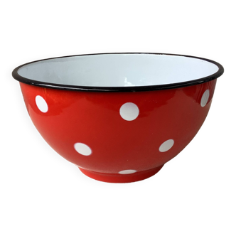 Red enameled sheet metal salad bowl with white polka dots