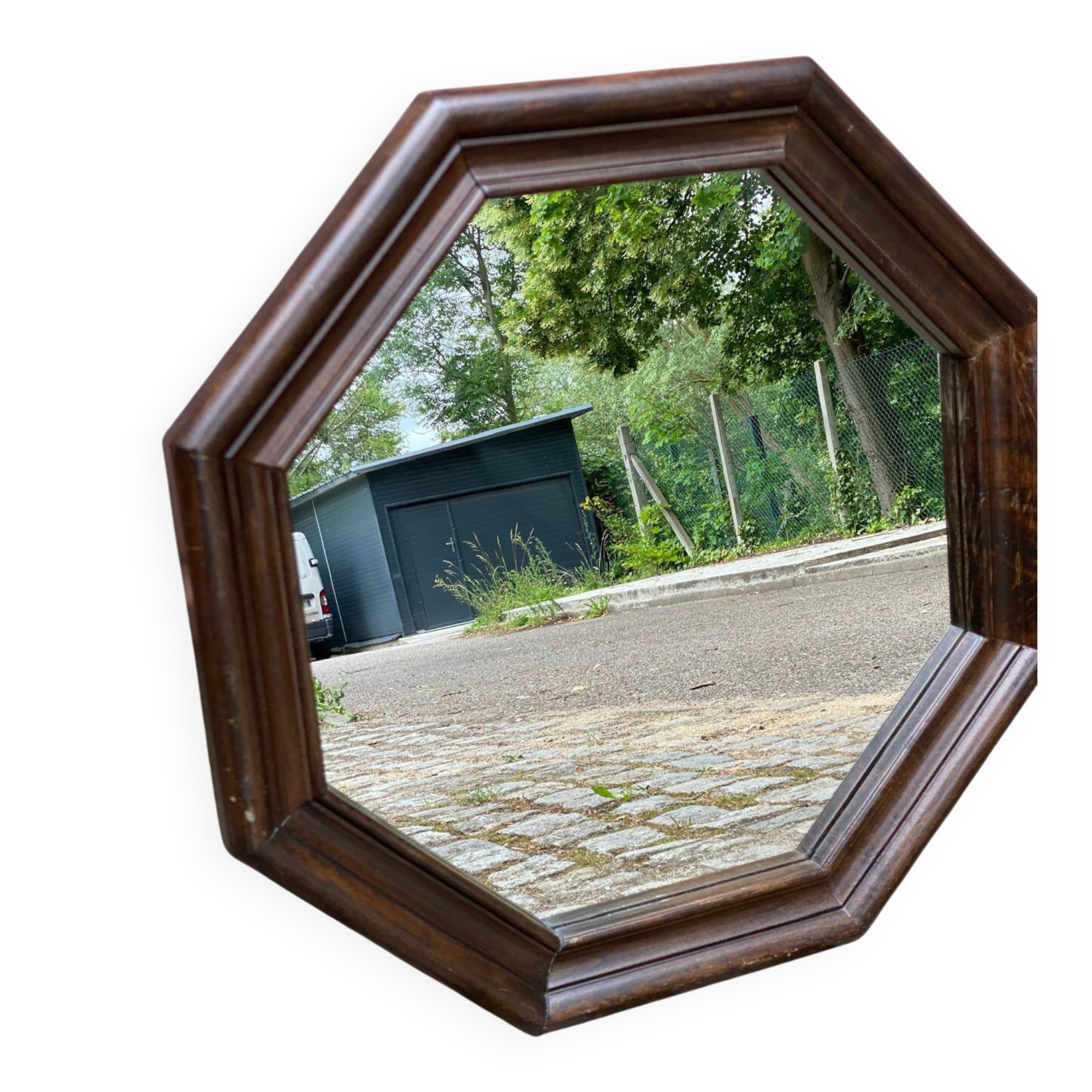 Vintage octagonal mirror in solid wood from the 70s, 63x63cm.
