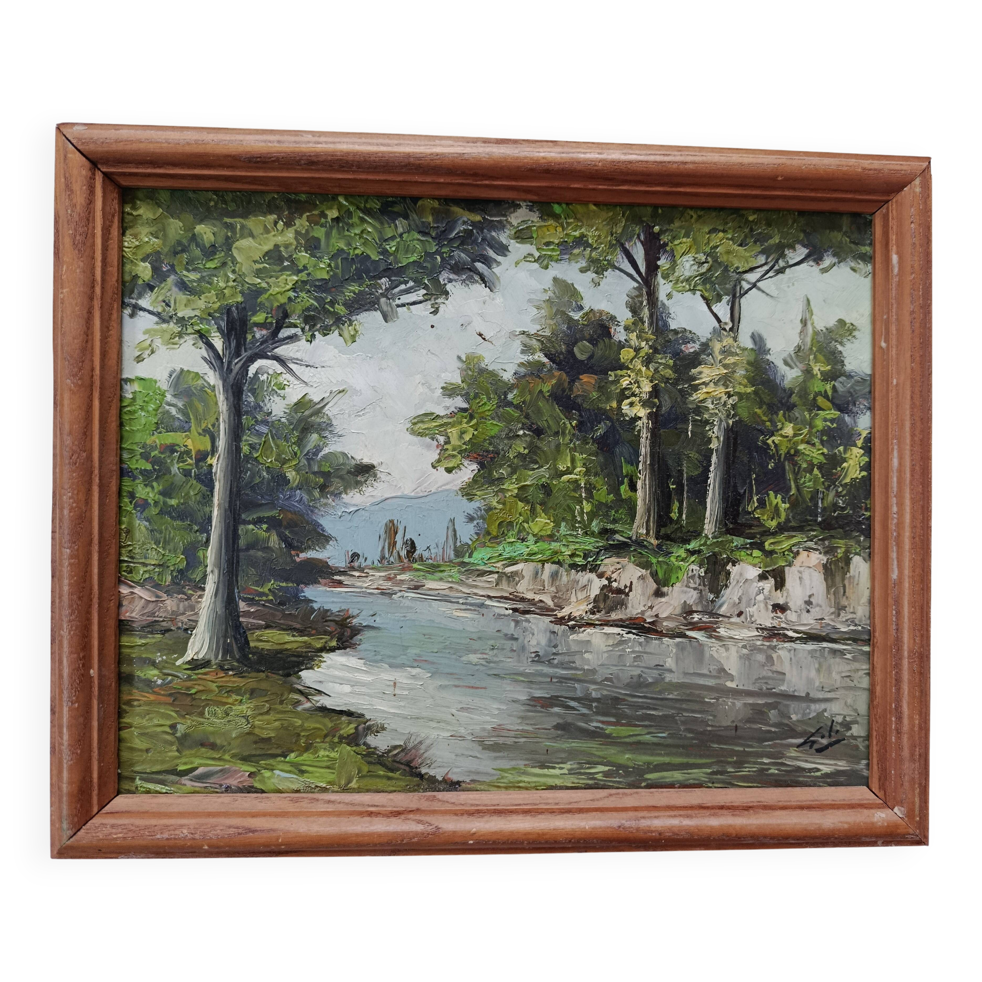 OIL ON PANEL 20th CENTURY: LANDSCAPE river and forest, signed H.L or S.L., frame