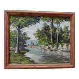 OIL ON PANEL 20th CENTURY: LANDSCAPE river and forest, signed H.L or S.L., frame
