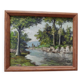 Huile sur panneau xx° : paysage rivière et forêt, signé h.l ou s.l., cadre
