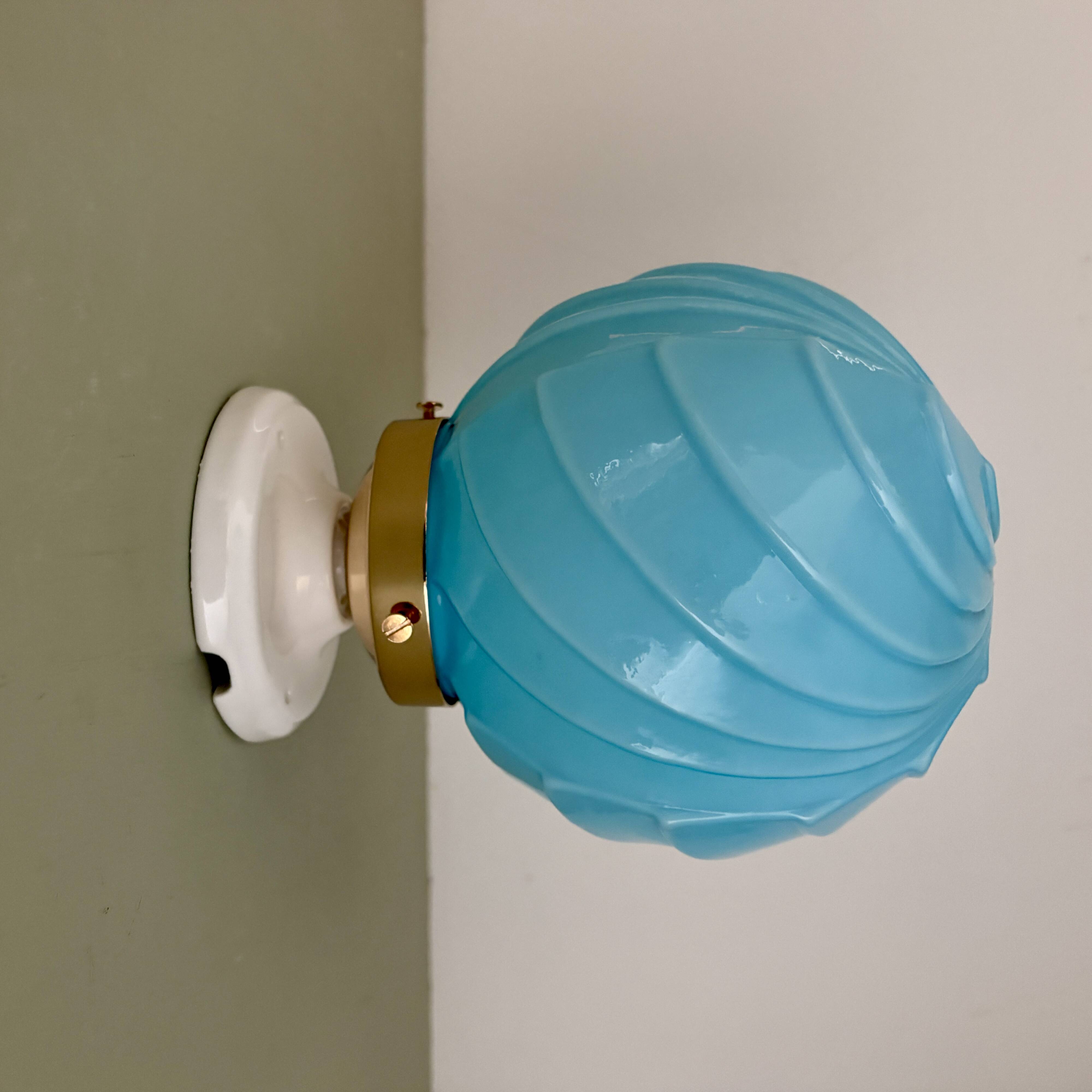Vintage art deco globe wall lamp in blue opaline