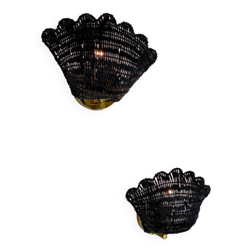 Pair of black shell-shaped wicker wall lights, rattan & brass, Italy, 1980s