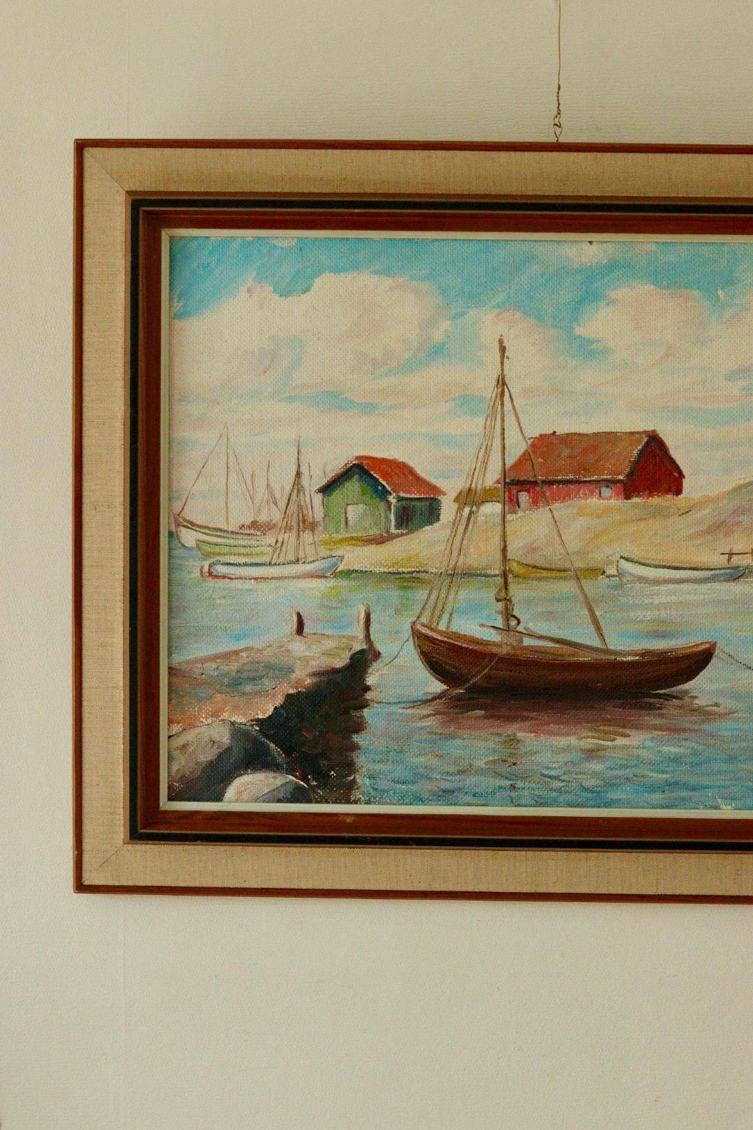 Peinture sur panneau vintage – « Motif bateau et maison »