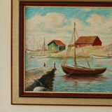 Peinture sur panneau vintage – « Motif bateau et maison »