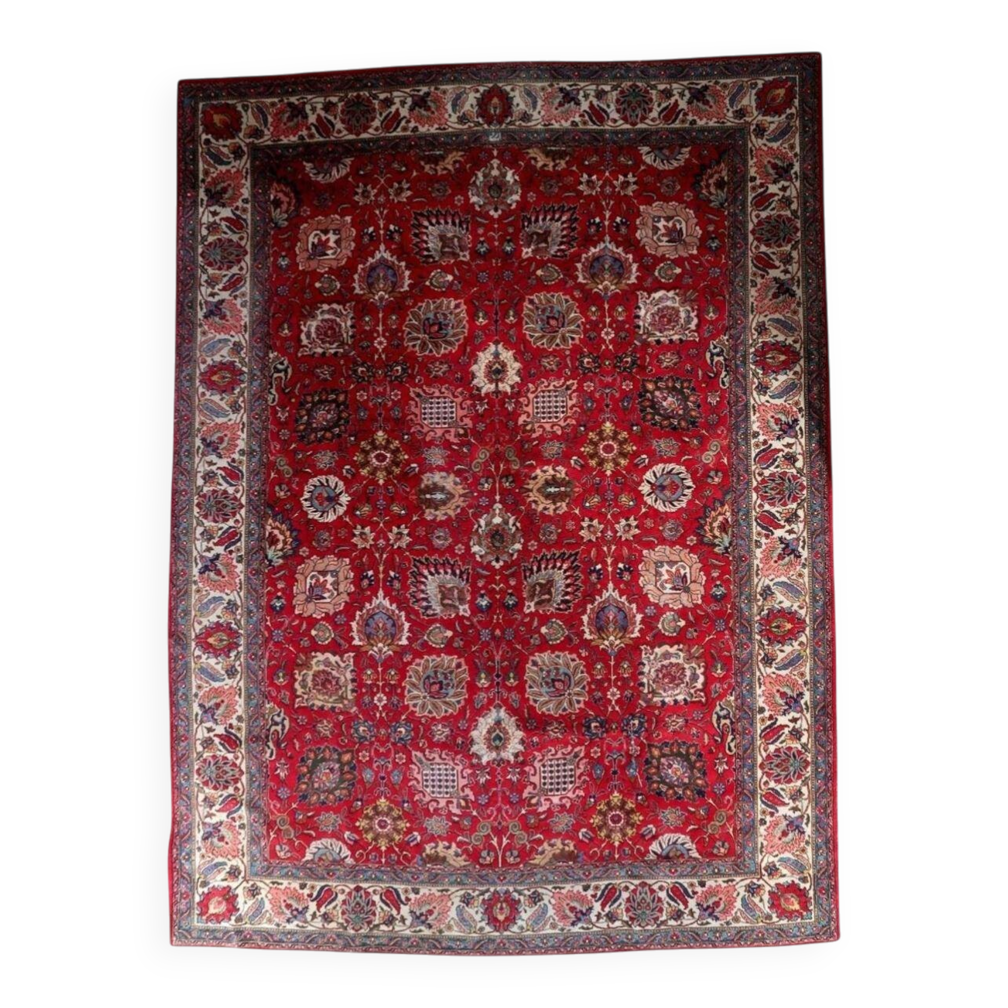 Tapis en laine Tabriz antique, motif floral Shah Abbasi sur tout le tapis, champ cramoisi, vers 1920 — 303 × 403 cm — 1C1278